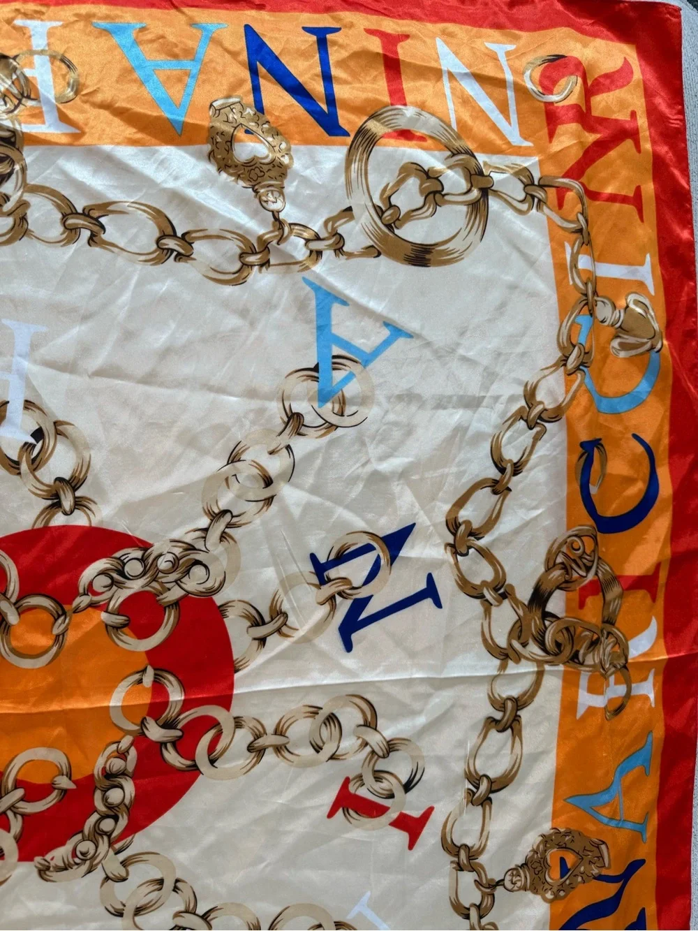 Vintage Nina Ricci Cream, Orange & Red Silk Scarf with Gold Chain Motif